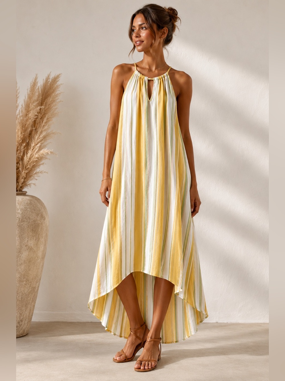 Mlle Gabrielle XL Striped Linen Blend High Low Maxi Dress Boho Resort